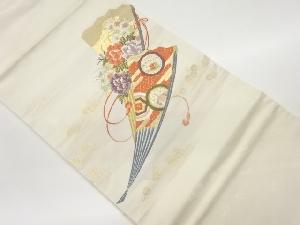 檜扇に草花・蝶模様織出し名古屋帯